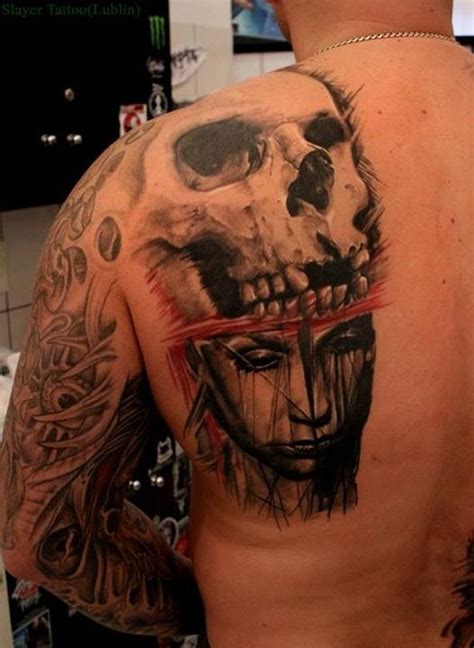Half Skull And Half Face Of A Girl Tattoo By Daniel