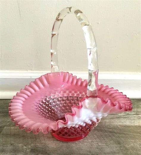 Fenton Large Hobnail Pink Cranberry White Ruffled Art Glass Basket Handle Euc Ebay