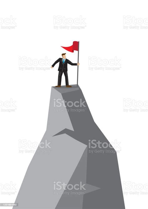 Businessman Climb To The Top Of The Mountain Holding A Flag Concept Of
