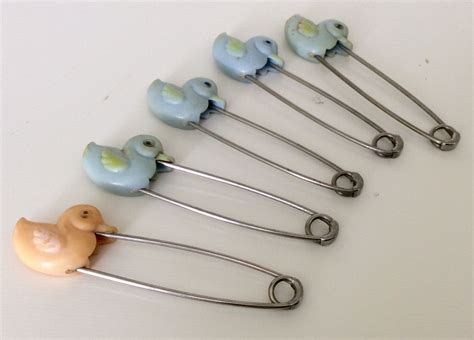 5 Large Vintage Diaper Pins With Blue And Peach Duckling Decor By
