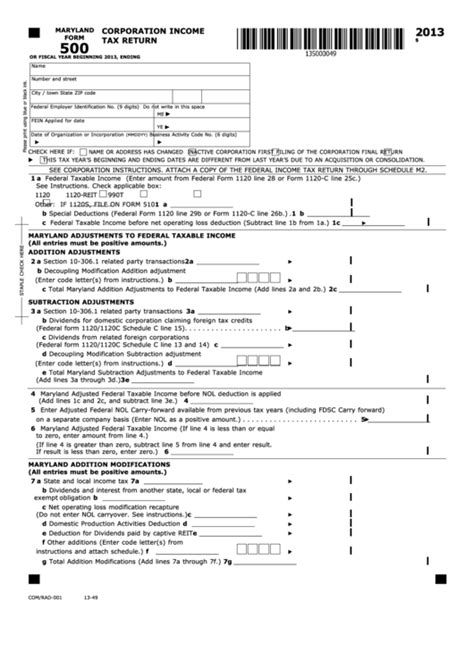 Fillable Maryland Form 500 Corporation Income Tax Return 2013