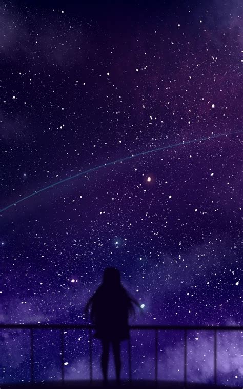 Download 800x1280 Anime Girl Stars Clouds Fence Silhouette