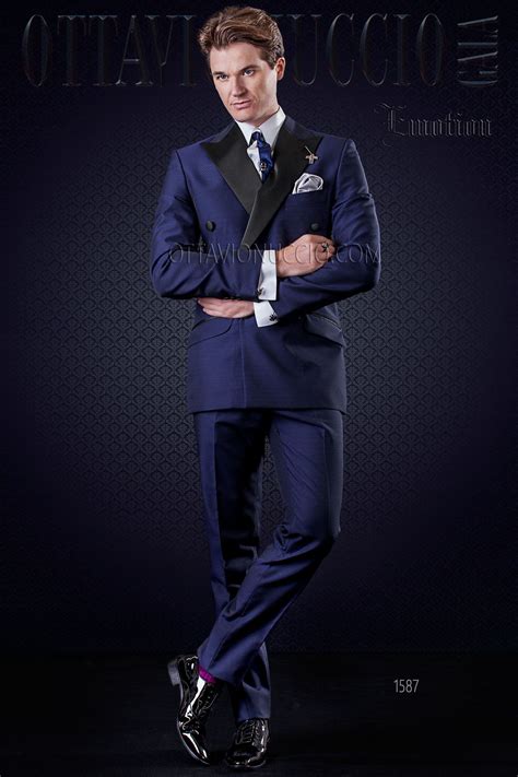 Blue double-breasted suit with black lapel | Black double breasted suit, Mens double breasted ...