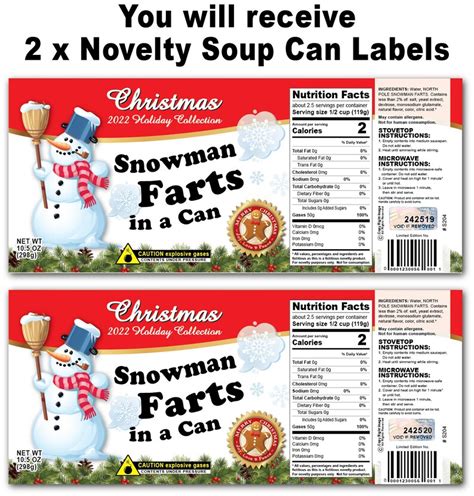 2 Funny Snowman Fart Soup Can Labels Gag T Great Stocking Etsy