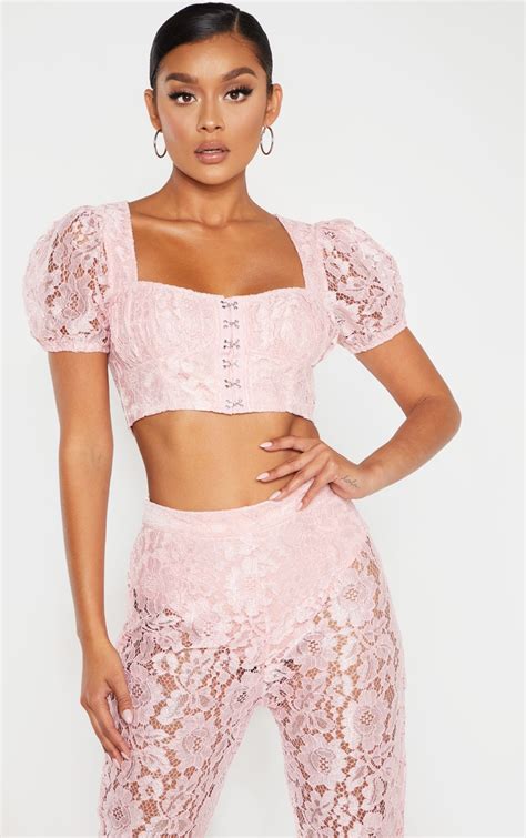 Baby Pink Lace Puff Sleeve Crop Top Tops Prettylittlething Aus