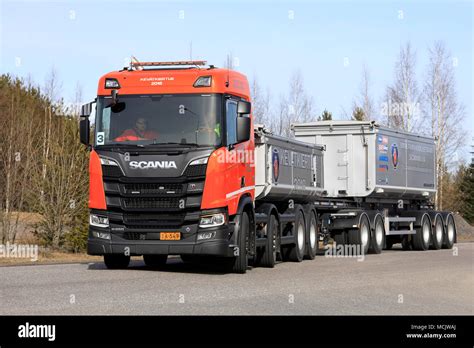 Lieto Finland April 12 2018 Orange Scania R650 B8x4 Gravel Truck