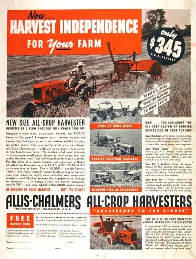 1939 Allis Chalmers Tractor And Crop Harvester Classic Vintage Print Ad