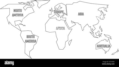 Simplified Black Outline Of World Map Divided To Six Continents With