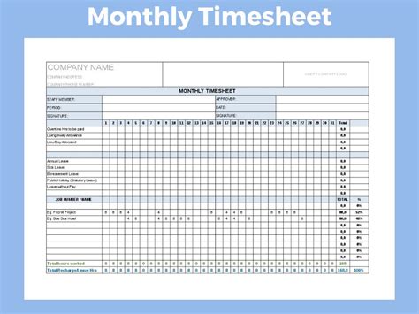 Monthly Timesheet Template Project Management Etsy New Zealand