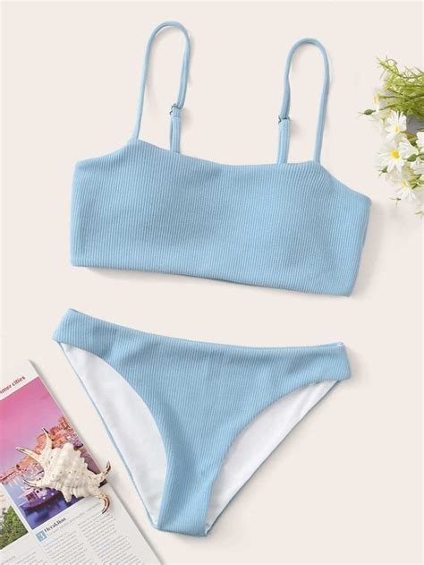 Blue Ribbed Cami Bikini Swimsuit