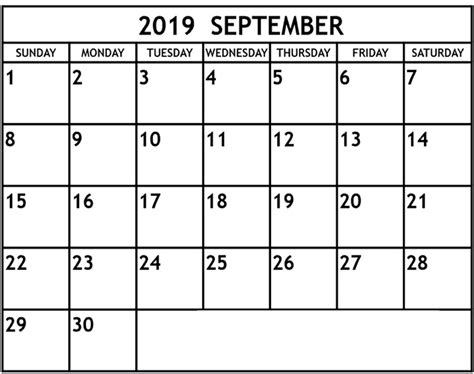 Printable September 2019 Calendar For Word Excel And Pdf 12 Month