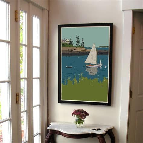 Sailing Long Cove Art Print 24 X 36 Framed Wall Poster Maine Alan Claude