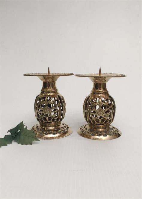 Pair Of Gold Brass Filigree Candle Holders Etsy Candle Holders