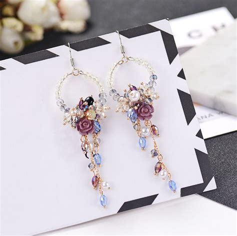 women s stylish full crystal flowers handmade beaded crystal earrings exaggerated temperament