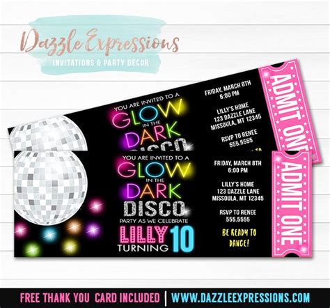 Printable Glow In The Dark Disco Birthday Ticket Invitation Disco