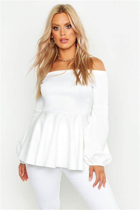 Plus Off The Shoulder Peplum Top Boohoo Tops White Peplum Tops Peplum