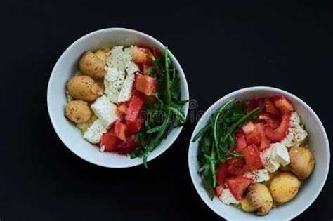 Black Background And Bowls With Healthy Useful Kus Kus Breakfast With