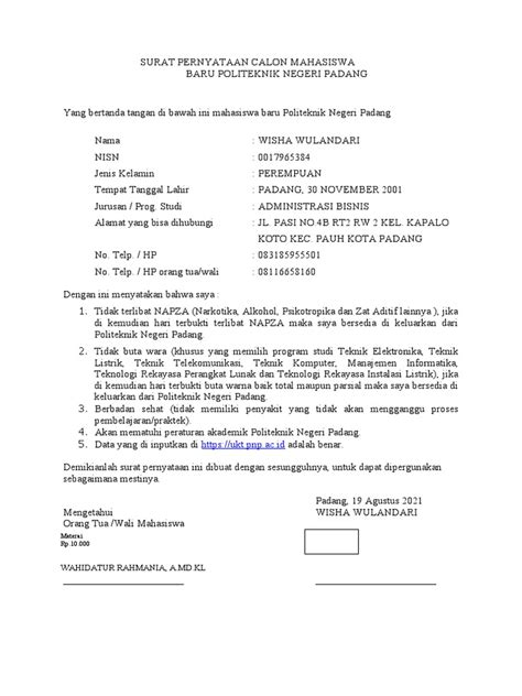 Surat Pernyataan Calon Mahasiswa Baru Politeknik Negeri Padang Pdf