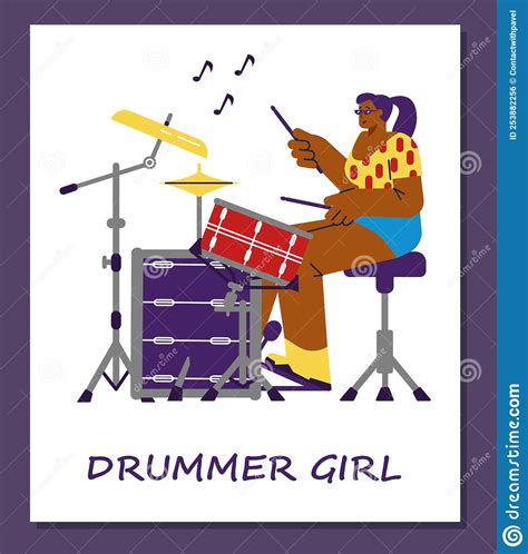 Drummer Girl Female Cartoon Character Flat Vector Illustration Isolated
