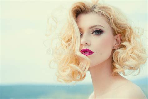 Fashion Haircut Closeup Blonde Woman Portrait With Blonde Shiny Wavy