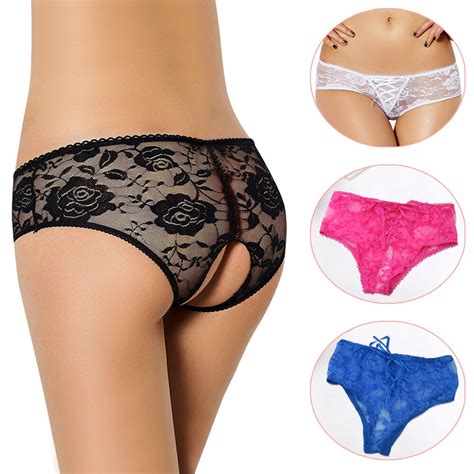 Women Sexy Lingerie Floral Hollow Lace G String Open Crotch Briefs Panties Thongs Underwear