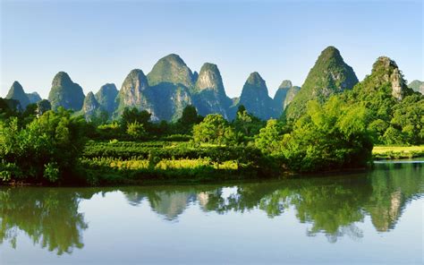 Guilin Yangshuo Landscape China Mountains River Water