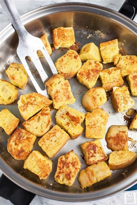 Whisk 2 eggs with 1/2 cup of milk, 1/2 tsp cinnamon and 1 tsp vanilla. Cinnamon French Toast Bites | Life Tastes Good