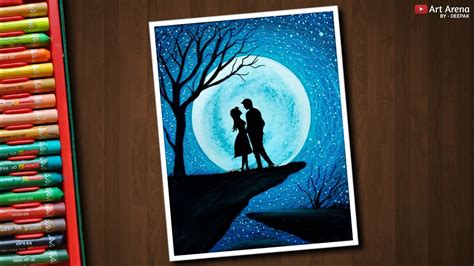 Couple Moonlight Scenery Drawing With Oil Pastels Step By Step Youtube