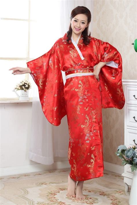 Vintage Rouge Traditionnelle Japonaise Femmes De Soie Kimono Imprim