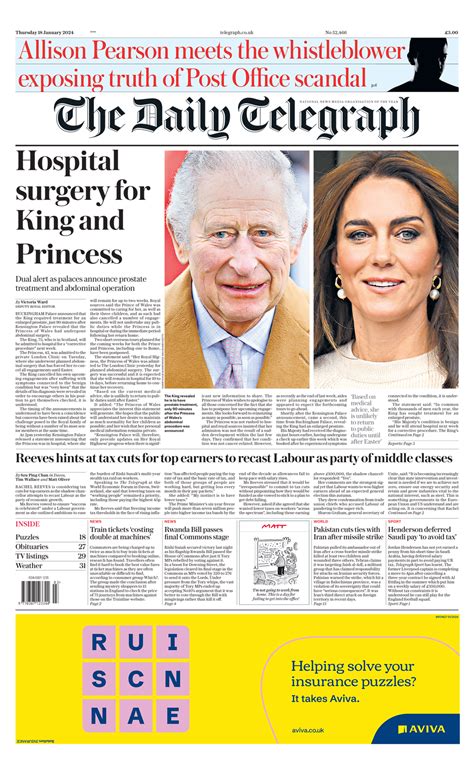 Daily Telegraph Front Page 18th Of January 2024 Tomorrow S Papers Today
