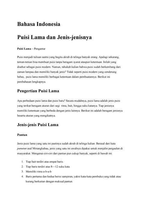 Bahasa Indonesia Puisi Lama Bahasa Indonesia Puisi Lama Dan Jenis