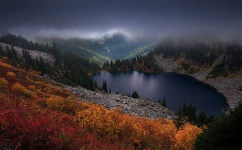 4547178 Shrubs Fall Mountains Dark Lake Mist Clouds Forest