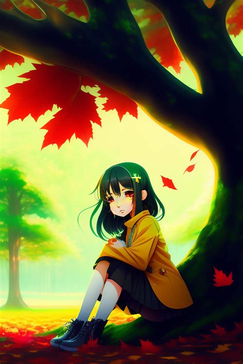 Lexica A Anime Girl Sitting Under A Tree With Red Leaves Dark Scary