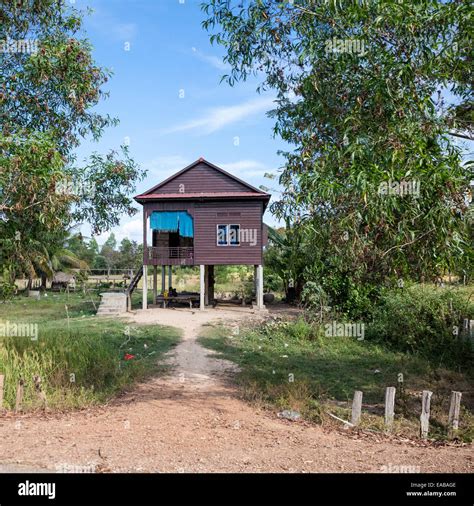 Cambodia Typical Modest Rural House With Living Quarters Above The