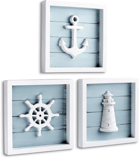 Nautical Wall Decor Set Of 3 7x7 Rustic Beach Etsy