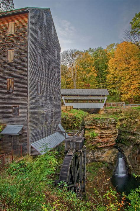 Rock Mill Covered Bridge And Waterfall Autumn Sunset
