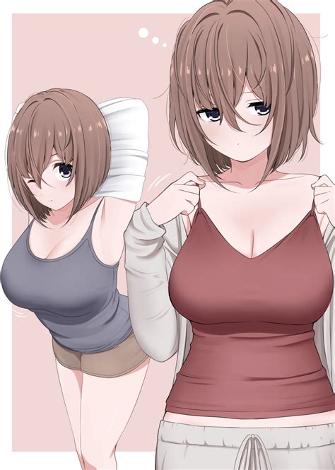 Ikari Manatsu Highres 1girl Breasts Brown Hair Grey Shirt Large Breasts Messy Hair Red