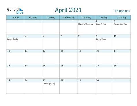 Philippines April 2021 Calendar With Holidays