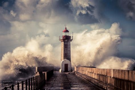 Landscape Lighthouse Pier Wave Splash Storm Drops Sea Ocean Wallpaper