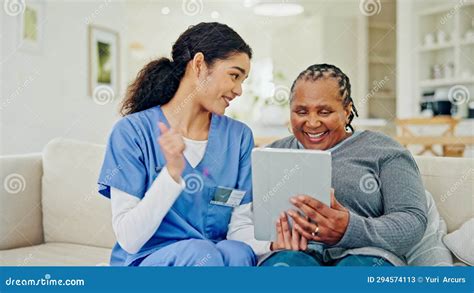 Tablet Patient And Happy Woman Caregiver And Thumbs Up For Good