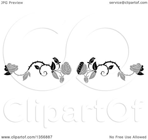 Clipart Of A Black And White Floral Rose Vine Border Design Element