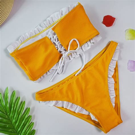 Smocked Ruffles Bandeau Orange Bikini Set 2019 Lace Up Sexy Bandage Swimsuit For Women Brazilian