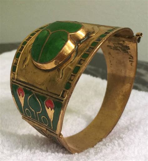 Egyptian Revival Brass Or Enamel Scarab Cuff Bracelet At 1stdibs