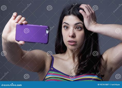 Attractive Beautiful Woman Poses For Selfie Photo Addiction Se Stock Image Image Of