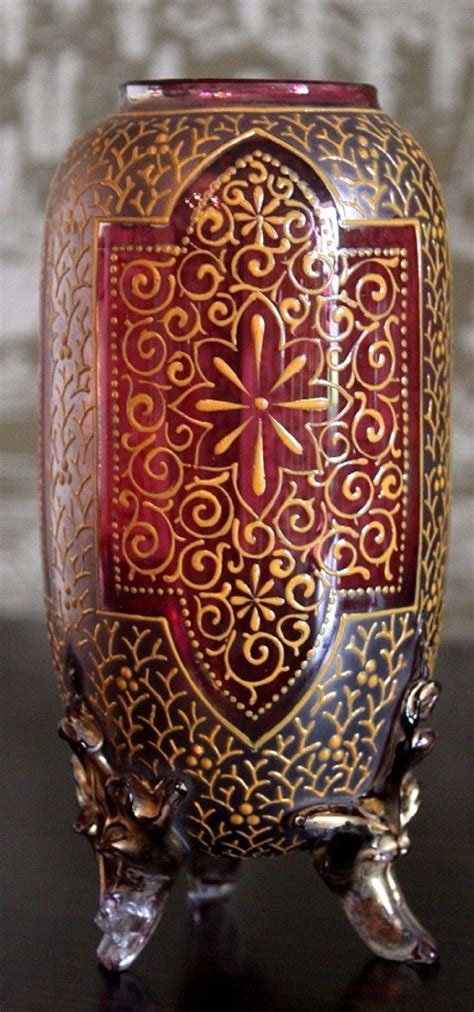 Antique Moser Bohemian Cranberry Art Glass Gold Middle East Motif Enamel Vase Moser Glass