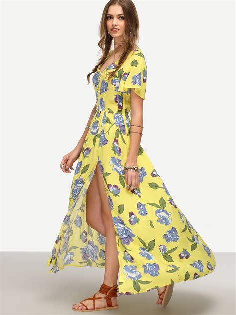Yellow Floral Print Split Maxi Dress Sheinsheinside