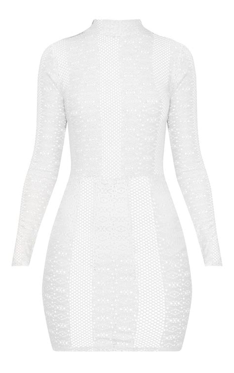 White Lace Sheer High Neck Bodycon Dress Prettylittlething Usa