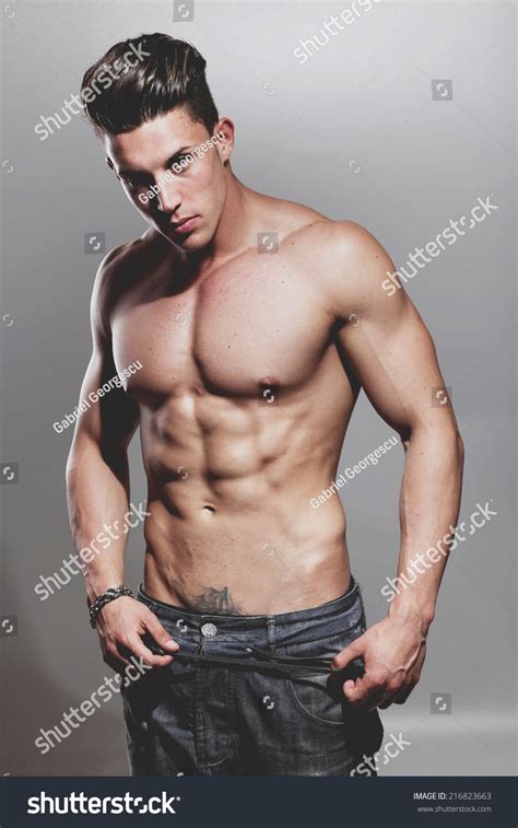 Sexy Portrait Very Muscular Shirtless Male Foto Stok 216823663