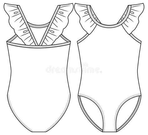 Girls One Piece Swimsuit Fashion Flat Sketch Template Swimwear