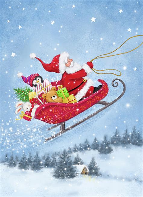 Santa On Sleigh Mixed Media By Makiko Fine Art America